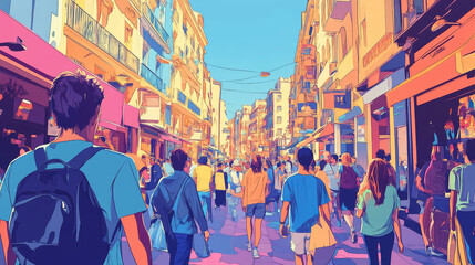 a busy street scene with people walking by, drawn in a colorful, retro style.