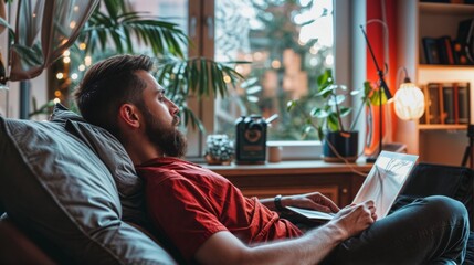 A young man lounges comfortably at home, using a digital tablet, surrounded by plants and a cozy, modern interior..