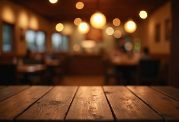 Aufkleber - Cozy empty Wooden Table with Festive Bokeh Lights on Blurred Restaurant Background
