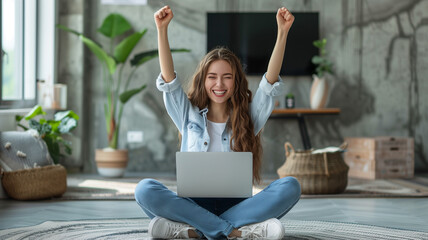 exuberance of a woman working from home, celebrating a moment of triumph. sitting comfortably with her laptop