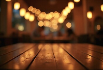 Aufkleber - Cozy empty Wooden Table with Festive Bokeh Lights on Blurred Restaurant Background