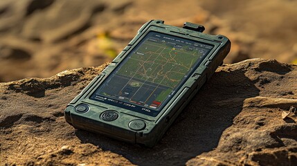 a rugged smartphone displaying a detailed map on a rocky surface.