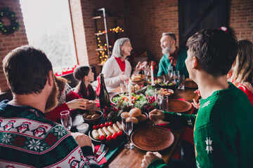 Canvas Print - Portrait of friendly peaceful family communicate dinner table gather celebrate new year x-mas flat indoors