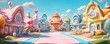 © Thamonchanok - A whimsical pastel village filled with candy-colored houses, lollipop trees, and a bright blue sky creating a joyful atmosphere.