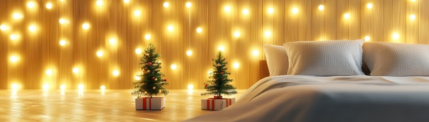 Poster - Cozy Christmas Bedroom with Mini Trees and Fairy Lights.