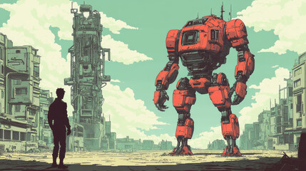 Wall Mural - robot vs human: a clash between the future and the past. bold, retro art captures the struggle betwe