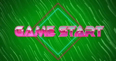 Poster - Image of game start text in pink metallic letters over white light trails on green background