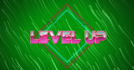 Poster - Image of level up text in pink metallic letters over white light trails on green background