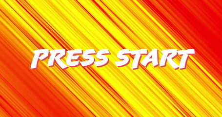 Poster - Image of press start text in white letters over diagonal yellow light beams on red background