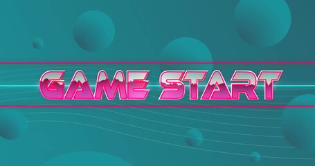 Poster - Image of game start text in pink metallic letters over blue spheres on blue background