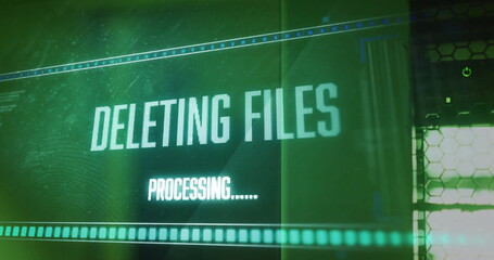 Poster - Image of deleting files, processing text on interface over computer server