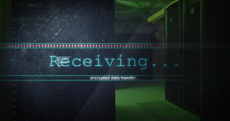 Poster - Image of receiving, encrypted data text on interface processing over server room