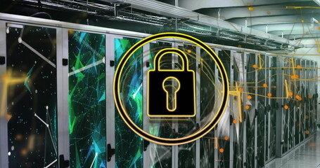 Poster - Image of network of connections with padlock over server room