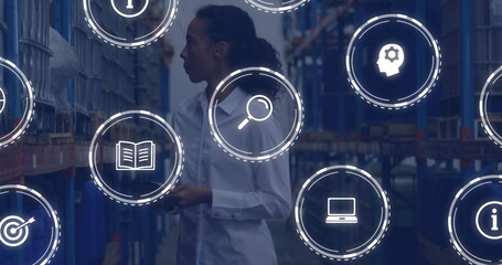 Poster - Image of icons and digital data processing over biracial woman working in warehouse