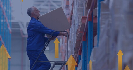 Poster - Image of arrows and digital data processing over caucasian man working in warehouse