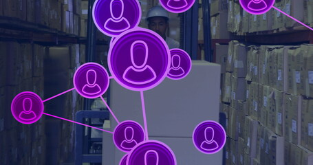 Poster - Image of network of people icons over biracial man in forklift working in warehouse