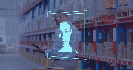 Sticker - Image of biometric photo and digital data processing over caucasian man working in warehouse