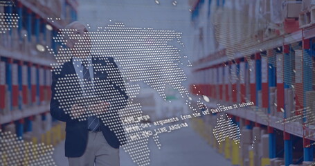 Poster - Image of digital data processing over caucasian man working in warehouse