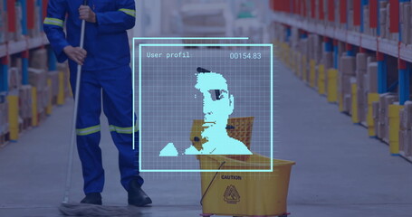 Poster - Image of biometric photo and digital data processing over caucasian man working in warehouse