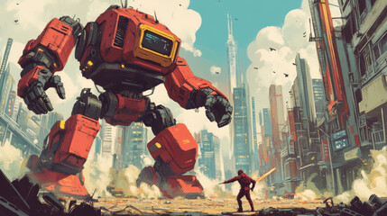 Wall Mural - robot vs human: a clash between the future and the past. bold, retro art captures the struggle betwe