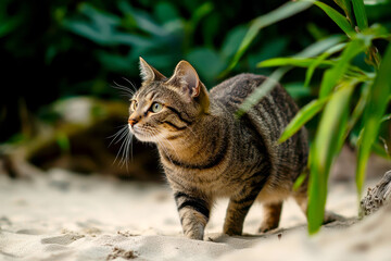 a curious cat walking outside. predator in the garden.