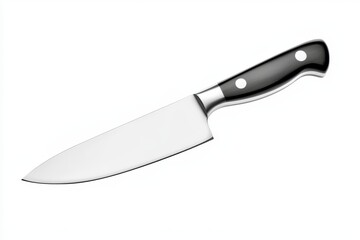 Stainless steel kitchen knife with a sharp blade and black handle, clean and simple presentation on a white backdrop