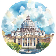 Saint Peters Basilica circle watercolor painting. St. Peter's Basilica