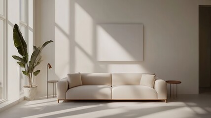 Wall Mural - A serene, minimalist living room featuring a plush sofa, large windows, and a potted plant, offering natural light and a tranquil atmosphere.