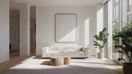 Wall Mural - A bright, minimalist living room featuring a white sofa, wooden coffee table, and large windows with greenery, creating a serene and inviting atmosphere.