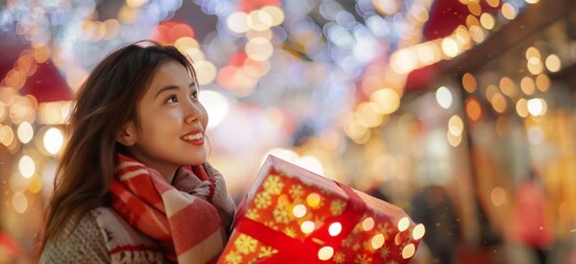 Young smiling asian woman smiles with joy on a city street shopping, holding a christmas gift and gazing at festive lights. Happy New Year and Merry Christmas holiday background with copy space