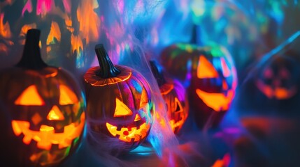 Discover a captivating scene of spooky jack o' lanterns glowing in vibrant colors. This surreal Halloween setting captures the festive spirit of autumn nights.