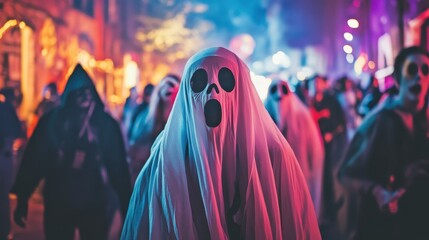 A vibrant Halloween celebration scene filled with ghostly figures in costumes. The eerie atmosphere captures the spirit of the spooky season, showcasing creativity and festivity.