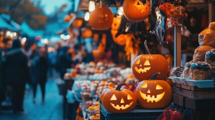 Colorful scene at a vibrant Halloween market with glowing pumpkins, festive decorations, and bustling people enjoying seasonal treats and activities.