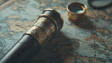 Close-up of a spyglass on the old map 