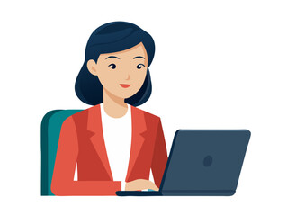 Aufkleber - Asian business woman working on a laptop in a professional office modern flat design simple vector illustration isolated transparent background