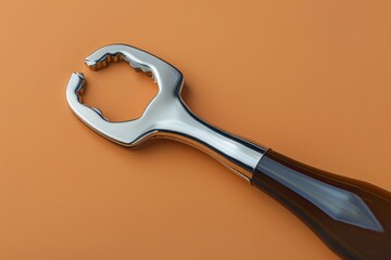 A shiny chrome wrench rests on a warm orange surface, showcasing its sleek design and intricate details