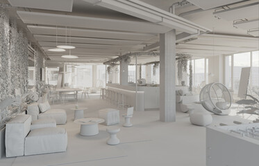 Poster - Office communication area interior. Barista. 3D Render. Clay render.