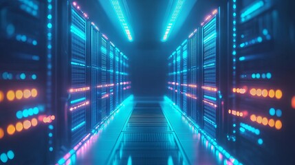 Poster - A futuristic data center corridor illuminated by vibrant blue and orange lights, showcasing server racks.