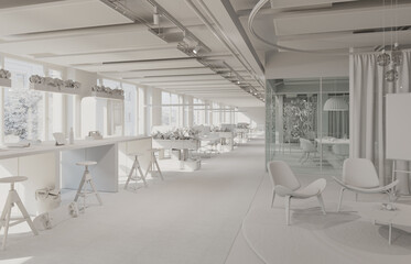 Poster - Office open space interior. Team Work. Conference. 3D Render. Clay render.