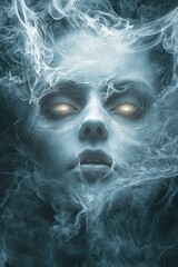 A ghostly female face emerges from swirling smoke, her eyes glowing with an ethereal light. front page for fright novel concept