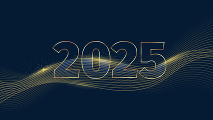 Wall Mural - New year 2025 banner. Gold digits and glow wave on dark blue background