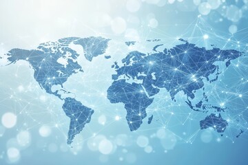 Poster - Blue background with a digital world map and global network connections. Generative AI.
