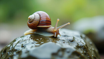 Close-up of a small garden snail with a spiraled shell, slowly crawling over a wet rock after rain. The glossy surface of the snail’s body and the glistening rock reflect the soft, diffused light from