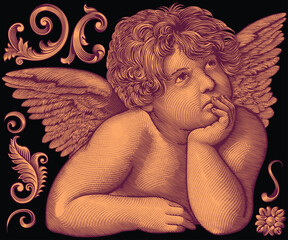 pensive angel. editable hand drawn illustration. vector vintage engraving. isolated on black backgro