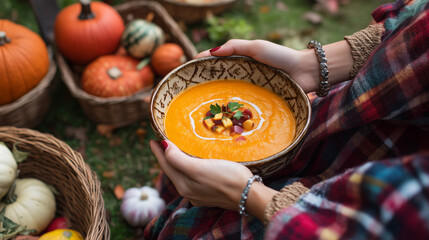 outdoor harvest feast: a pair of hands, adorned with a simple bracelet, holds a rustic bowl of pumpk