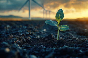 Fresh plant emerging from soil near wind turbines