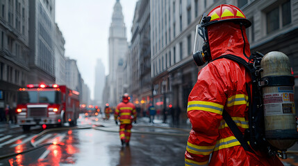 A firefighter in rain gear stands on a wet city street, ready for emergency response amidst urban chaos.