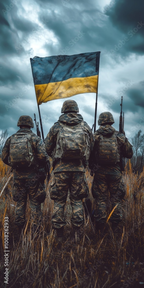 ภาพประกอบ Stock Three soldiers in uniform stand with the Ukrainian flag ...