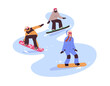 © Paper Trident - Friends in helmet, goggles snowboarding together. Group of riders slides down with snow boards. People ride with equipment on slope in winter. Flat isolated vector illustration on white background