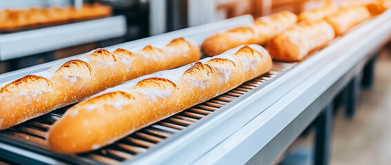 Freshly baked bread on production line, showcasing golden crusts and soft interior. warm atmosphere evokes sense of comfort and satisfaction